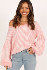 Petal and Pup USA KNITWEAR Becca Crewneck Waffle Stitch Stripe Knit Sweater - Pink