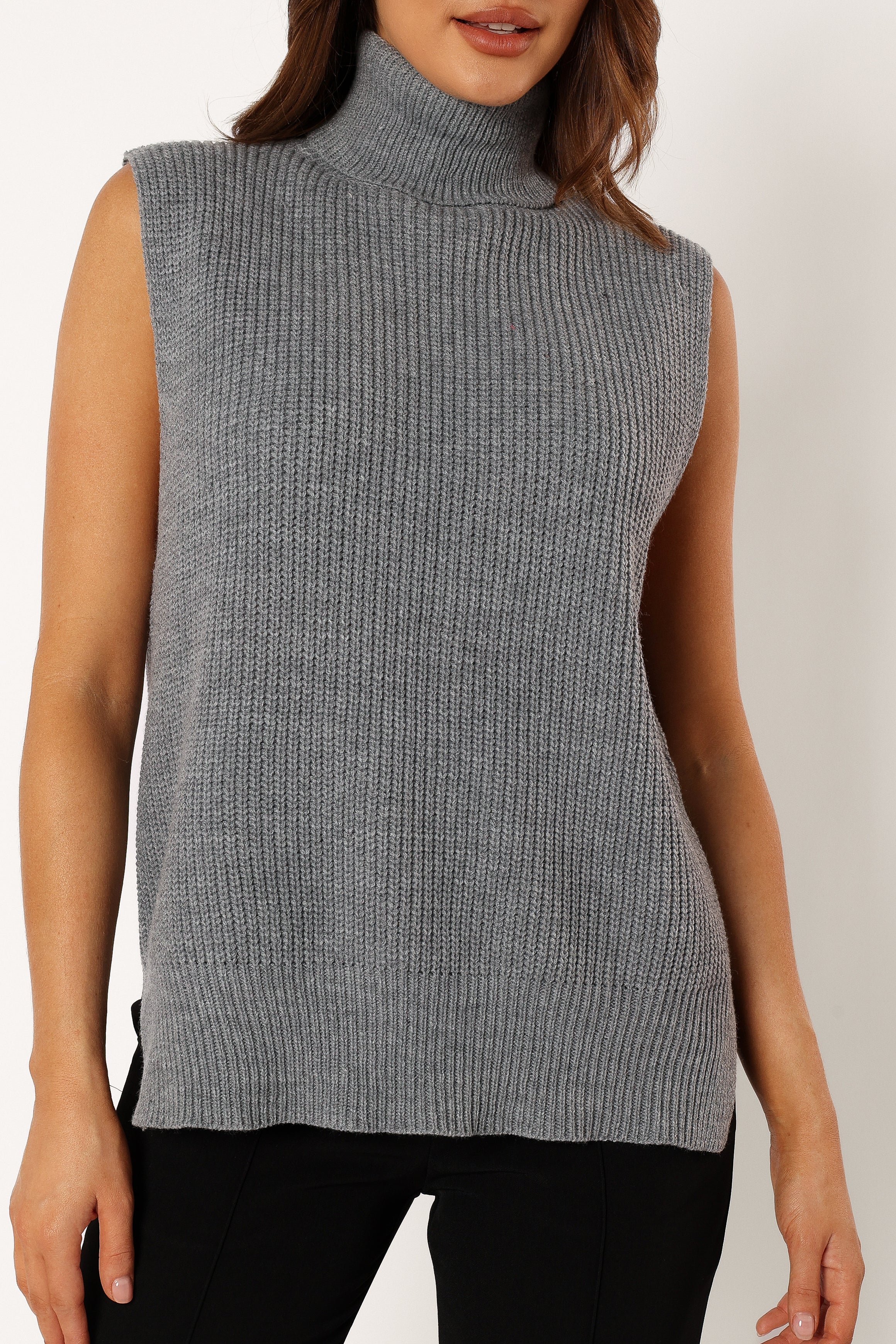 Petal and Pup USA KNITWEAR Celaena Turtleneck Sleeveless Sweater - Grey