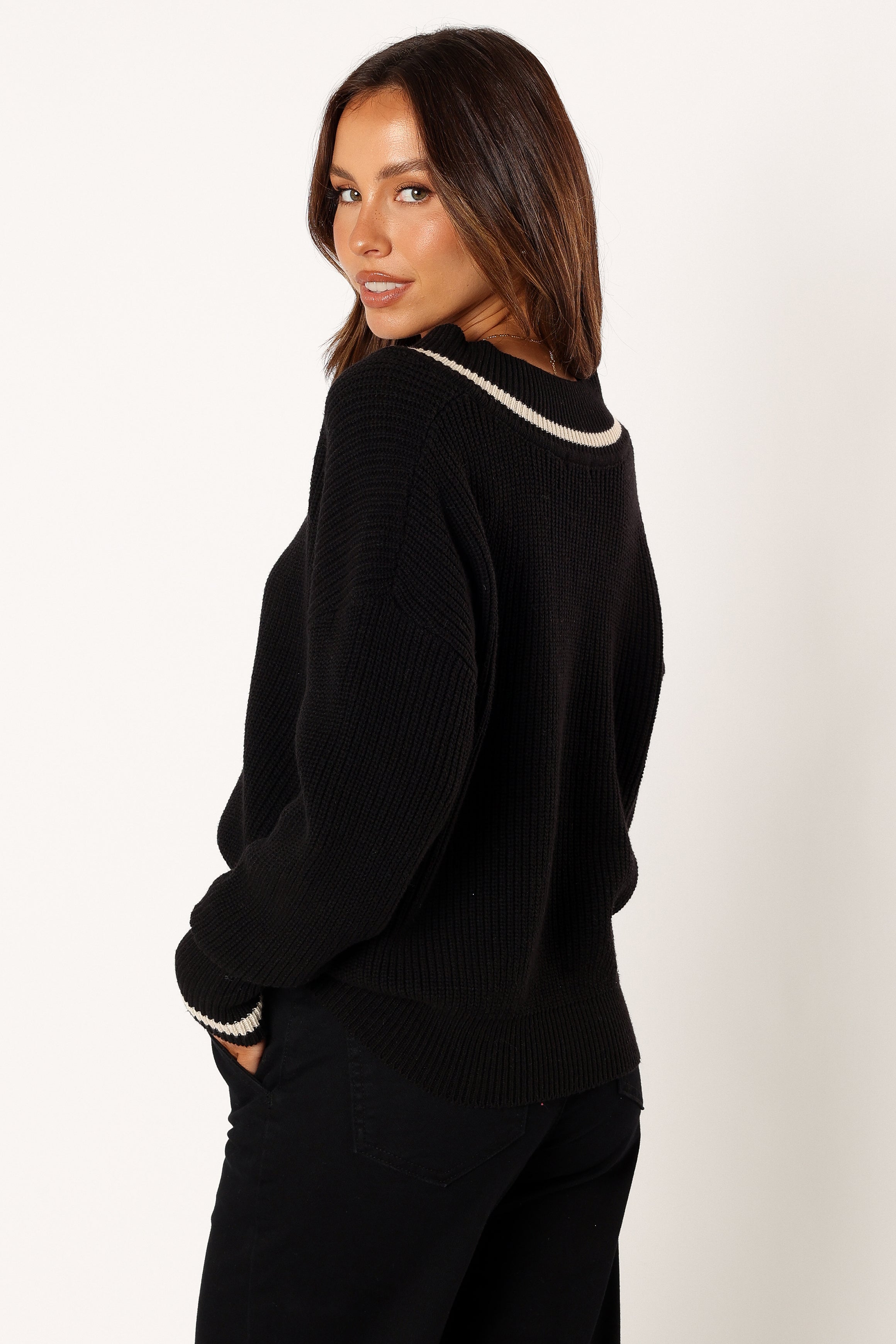 Petal and Pup USA KNITWEAR Dominique Contrast Vneck Knit Sweater - Black/Cream