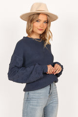 Petal and Pup USA KNITWEAR Katrina Textured Sleeve Crewneck Knit Sweater - Midnight Blue
