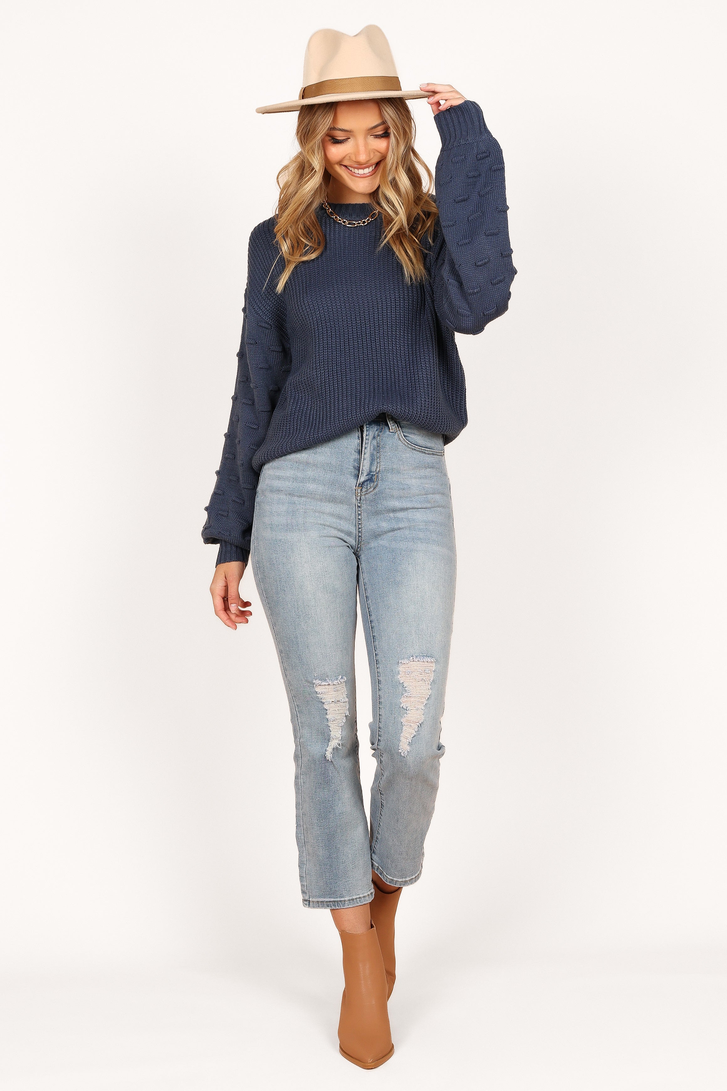 Petal and Pup USA KNITWEAR Katrina Textured Sleeve Crewneck Knit Sweater - Midnight Blue