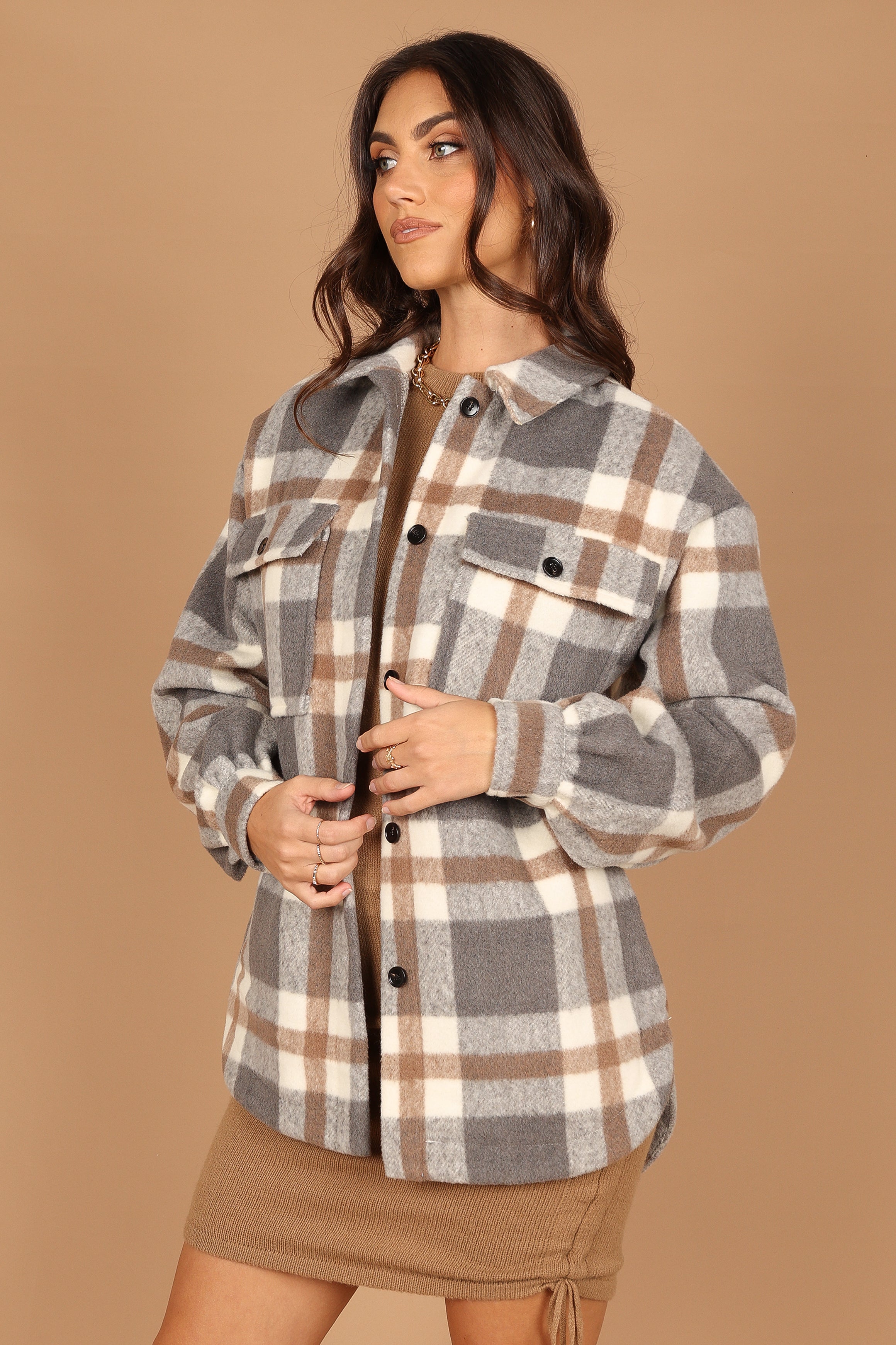 Petal and Pup USA Outerwear Alex Double-Breasted Pocket Shacket - Grey Check