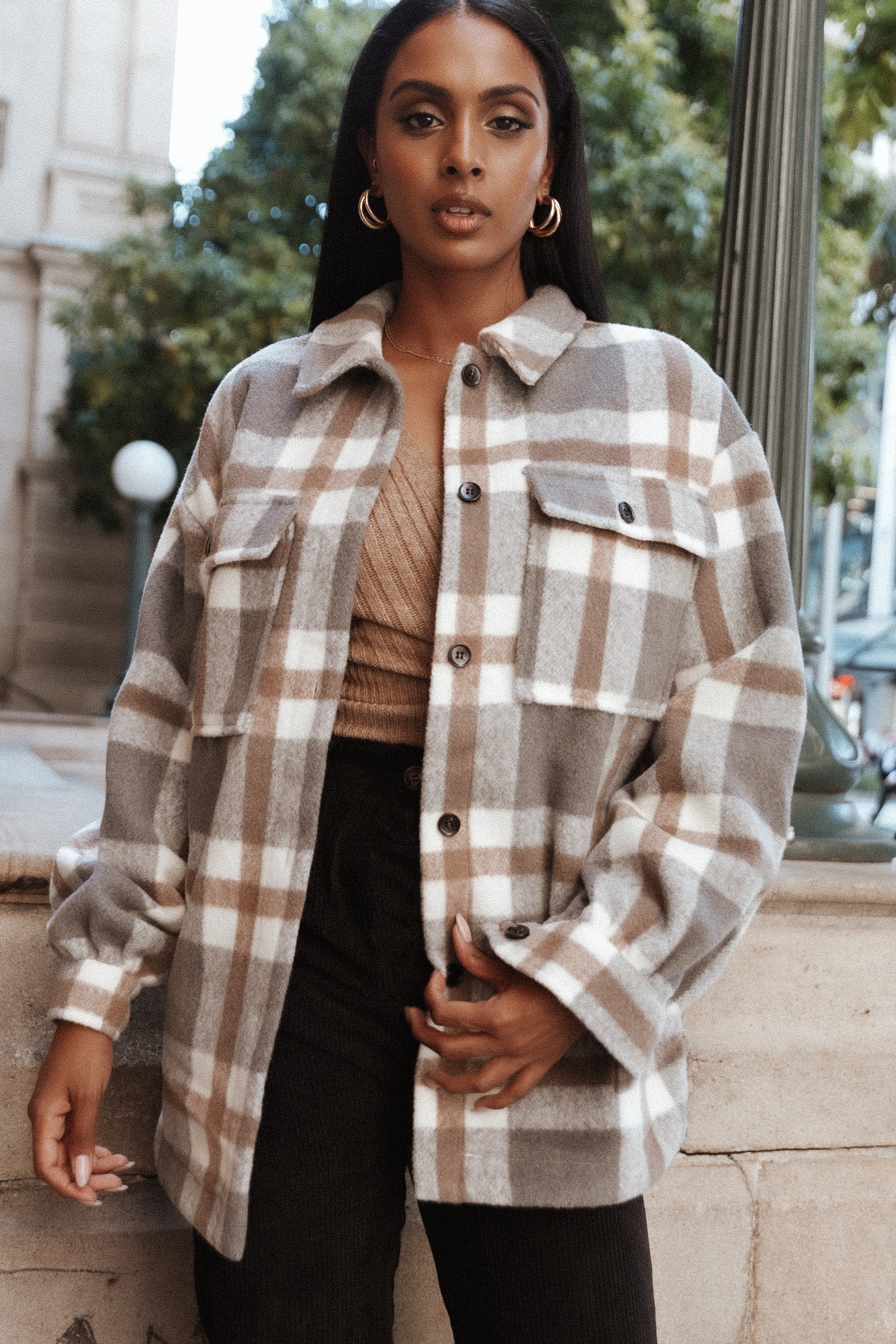 Petal and Pup USA Outerwear Alex Double-Breasted Pocket Shacket - Grey Check