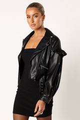 Petal and Pup USA OUTERWEAR Hanna Ruffle Sleeve Faux Leather Jacket - Black