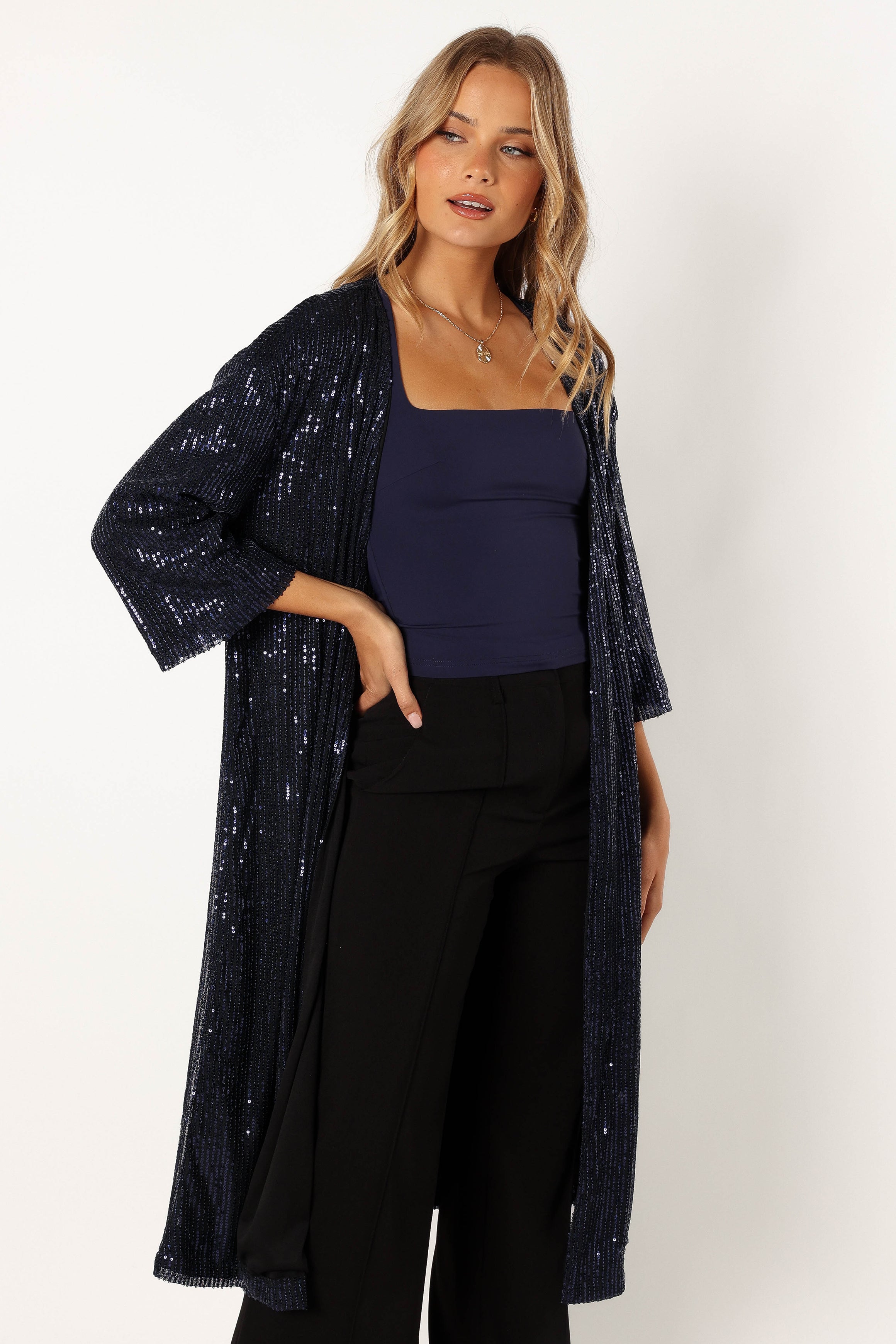 Petal and Pup USA OUTERWEAR Karsyn Open Front Sequin Duster - Navy