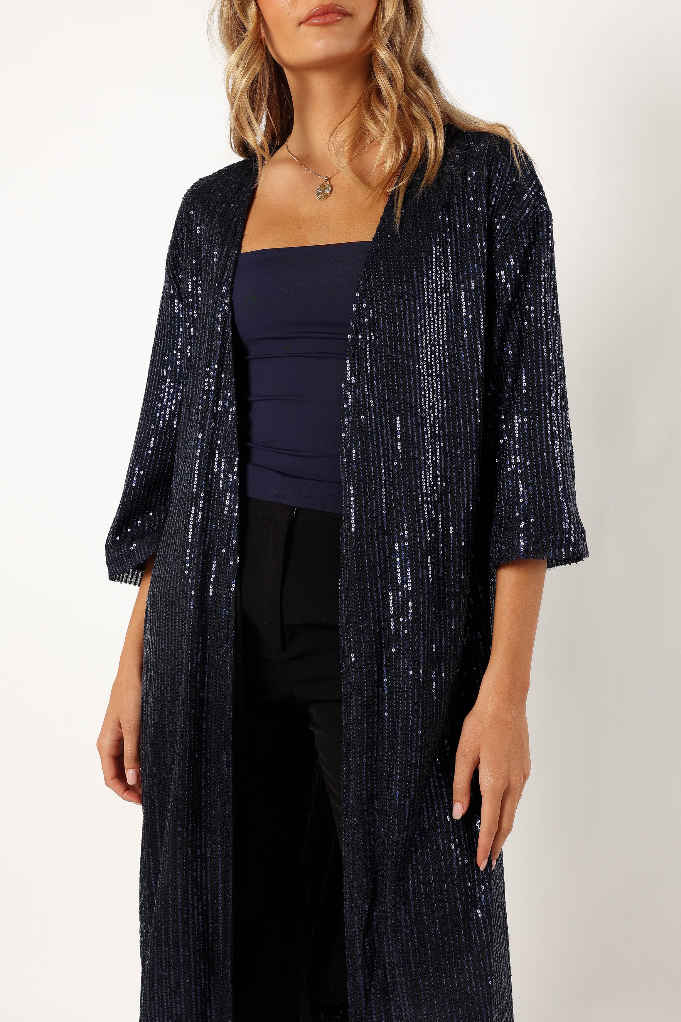 Petal and Pup USA OUTERWEAR Karsyn Open Front Sequin Duster - Navy