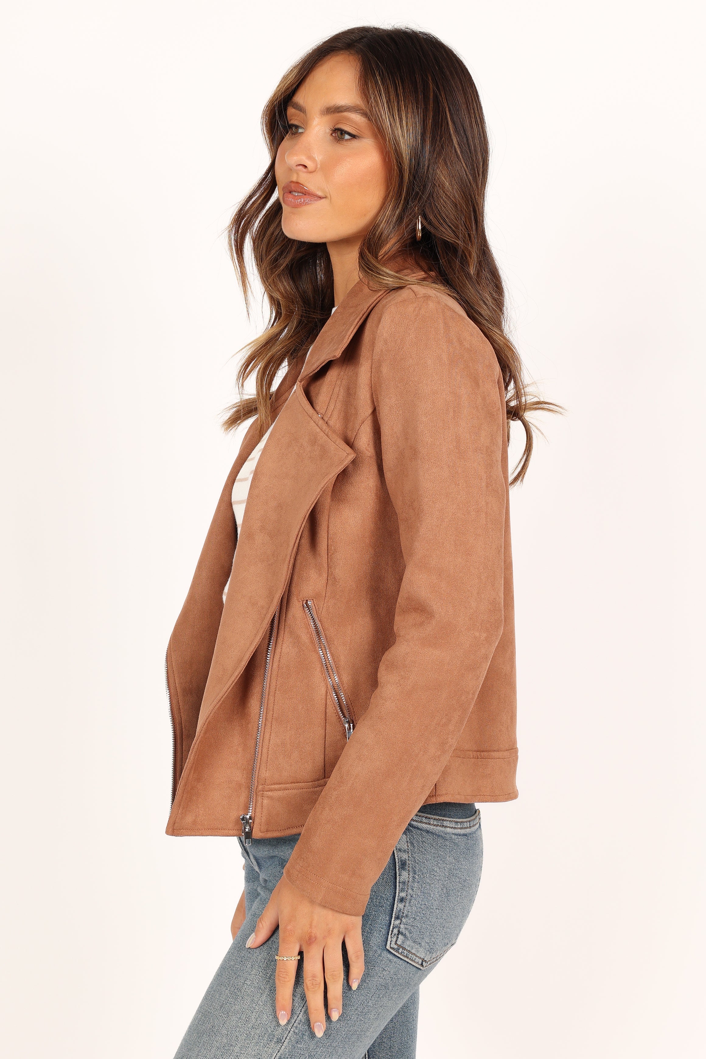 Petal and Pup USA OUTERWEAR Spencer Faux Suede Moto Jacket - Tan
