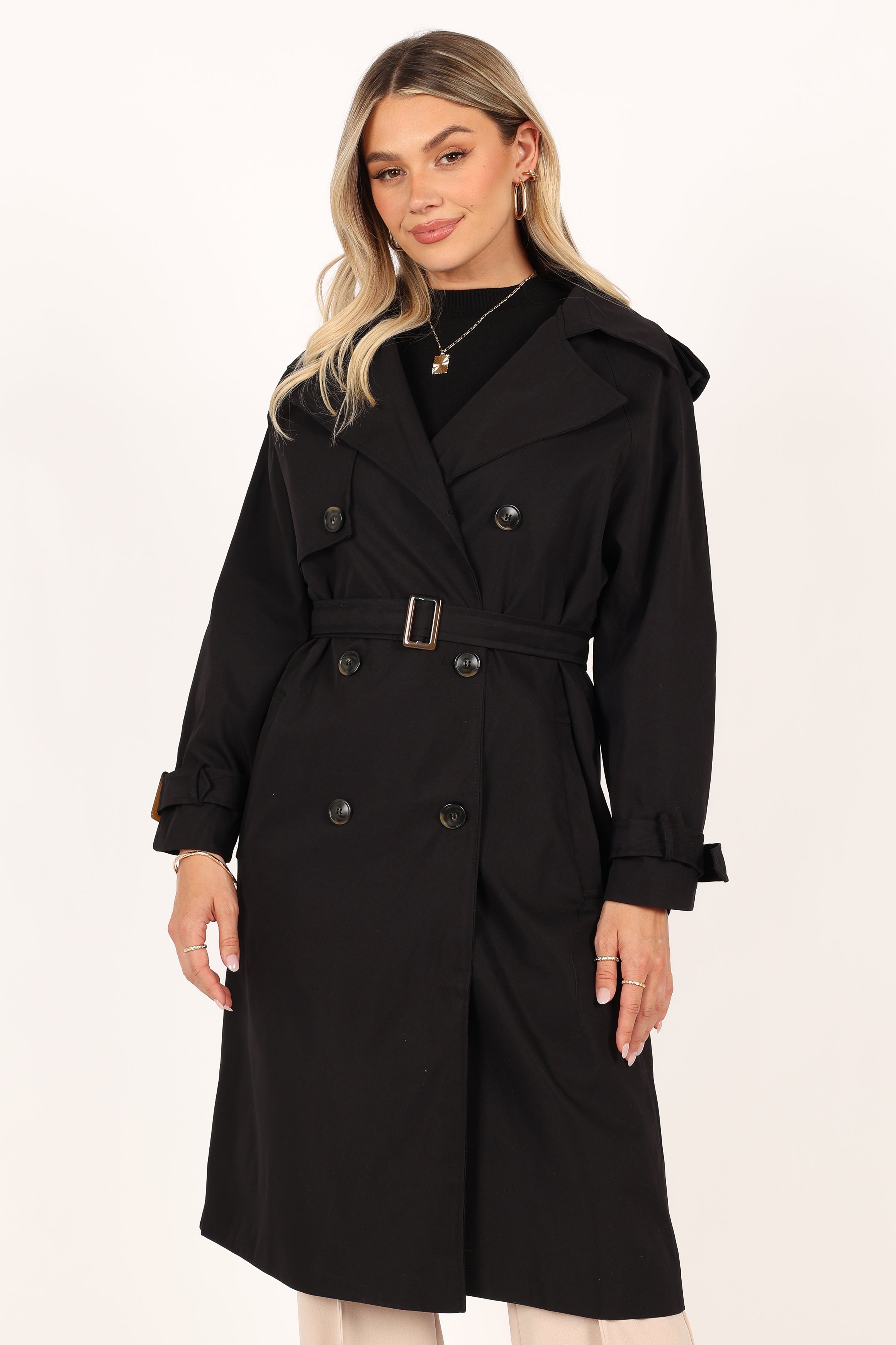 Petal and Pup USA OUTERWEAR Trina Button Front Trench Coat - Black