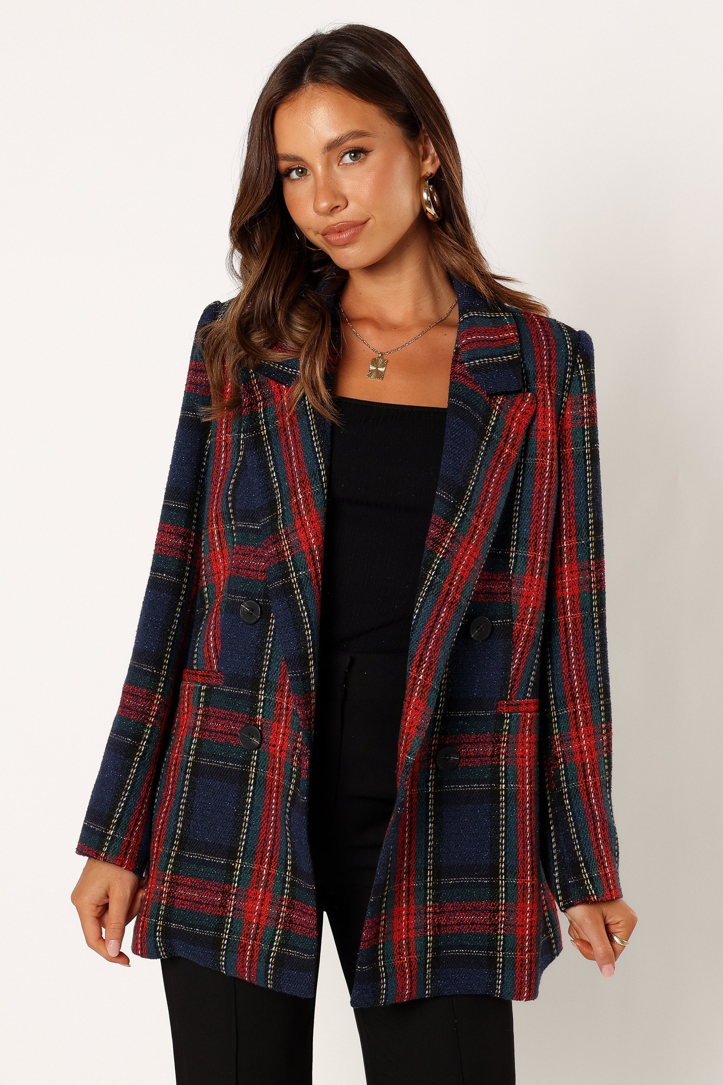 Petal and Pup USA OUTERWEAR Vivienne Plaid Blazer - Red/Navy Multi