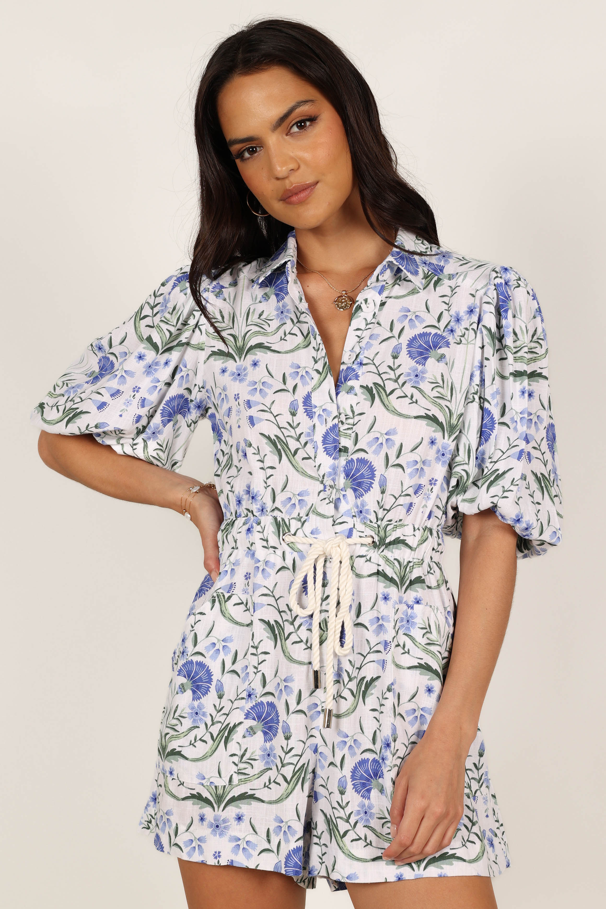 Petal and Pup USA Rompers Annie Linen Romper - Blue Floral