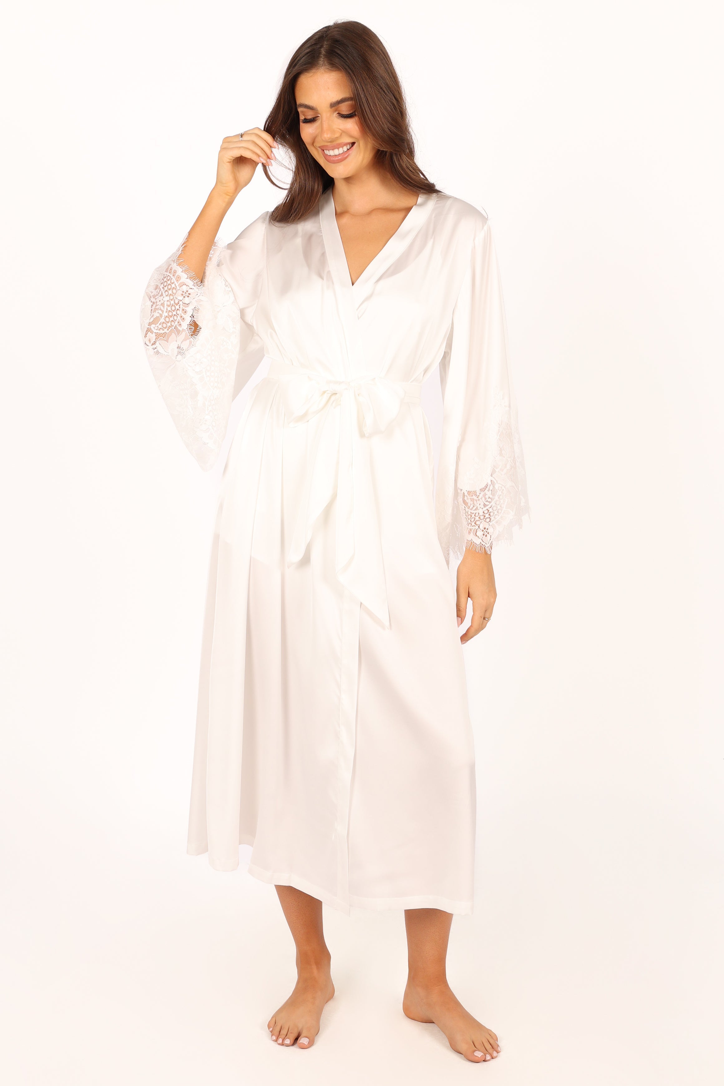 Petal and Pup USA SWIM & INTIMATES Darani Full Length Lace Trim Robe - Ivory