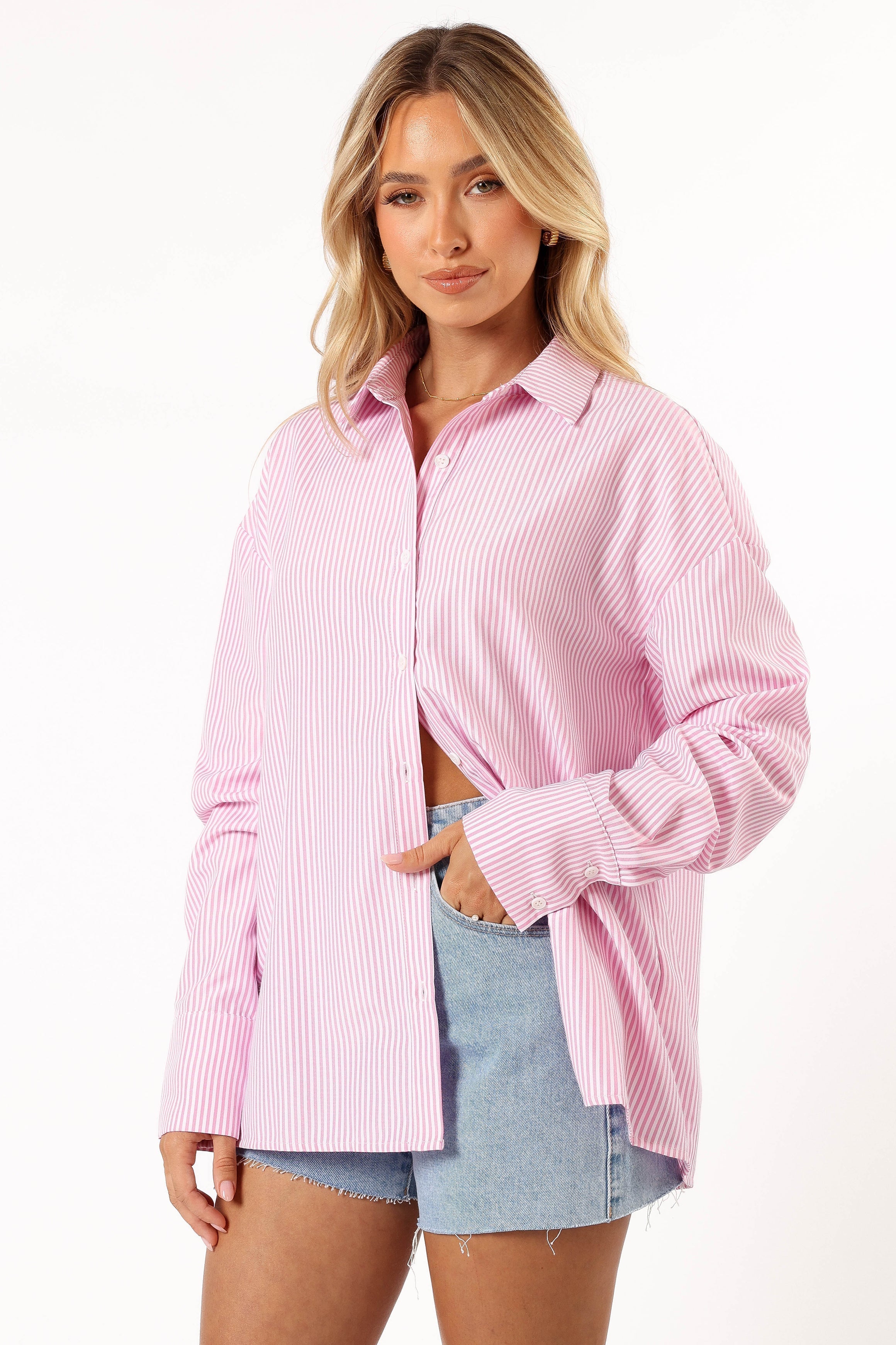 Petal and Pup USA TOPS Murphy Button Up Long Sleeve Top - Pink Stripe