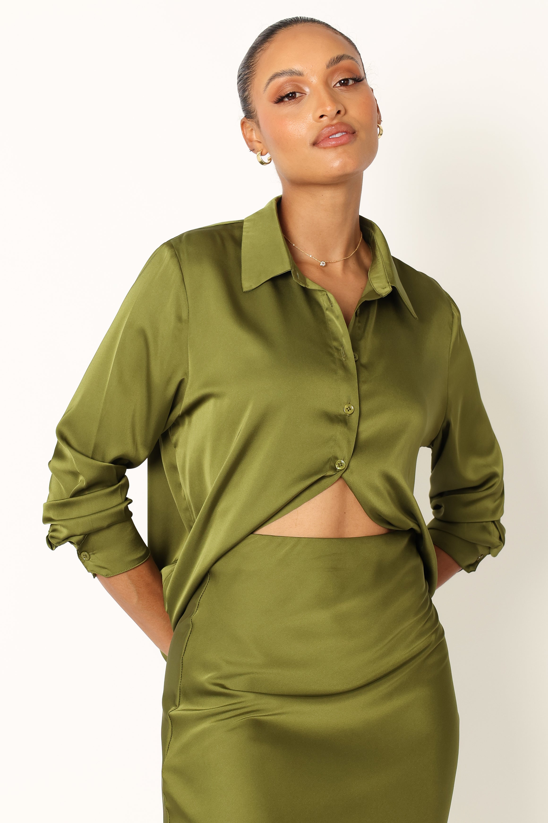 Petal and Pup USA TOPS Narissa Satin Shirt - Palm Green